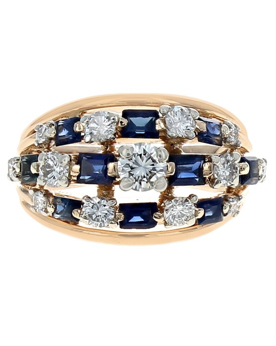 Three Row Alternating Diamond and Blue Sapphire Split Shank Ring in Yellow Gold